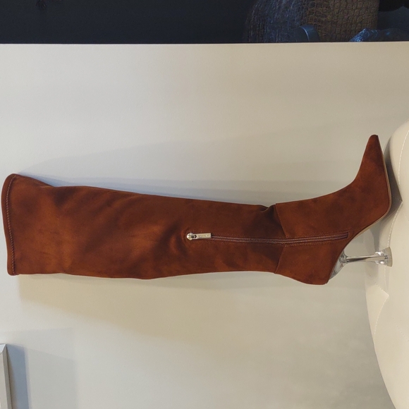 Gianni Bini Stretch Over Knee High Zip Lucite Clear Heel Boots Cognac Brown 5.5 - Picture 5 of 5